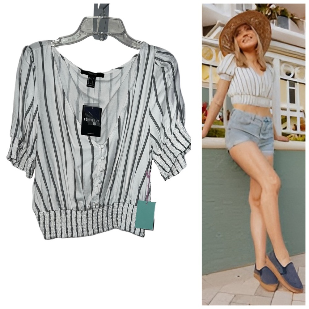 Forever 21 Striped Puff sleeve crop Blouse size L NWT